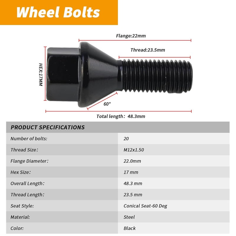 MUNIK 20PCS 36136781150 M12 x 1.5 Wheel Lug Bolt for BMW 1 3 5 6 7 8 X1 Z1 Z3 Z4 Z8 for MINI R50 R52 R53 R56 R55 Replace# 36130141574 36130141576 36131095390 36131116717 36131117190 (20 PCS) - Image 2